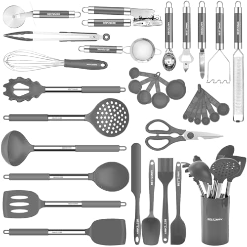 Kitchen Utensils Set-Silicone Cooking Utensils-32pcs Non-Stick Silicone Cooking Kitchen Utensils Spatula Set with Holder-Best Kitchen Cookware with Stainless Steel Handle (Grey) by BESTZMWK