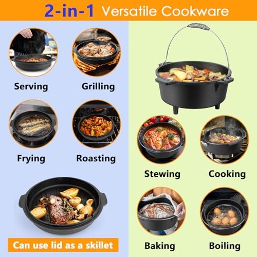 HaSteeL 7 QT Cast Iron Dutch Oven Pot with Lid Lifter & Camping Rack - Image 3