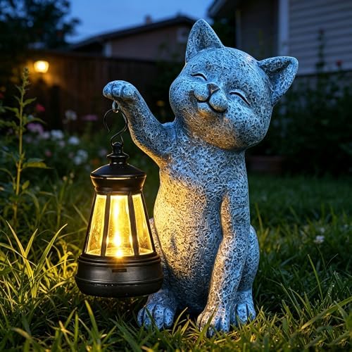 Cat Garden Statue Decorations Outdoor,Solar Resin Figurine with Hanging Lantern Outdoor Decor(cat2) - Image 6