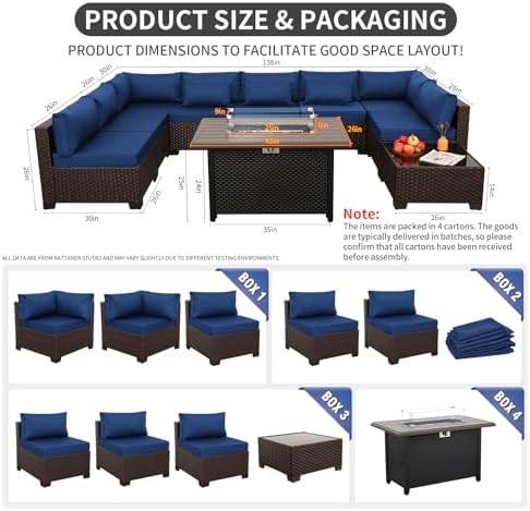 Rattaner 10 Pieces Outdoor Sectional All-Weather Wicker Patio Furniture Set Patio Sectional and Steel Fire Table and Glass Patio Table Non-Slip Cushions and Waterproof Covers, Navy Blue - Image 4
