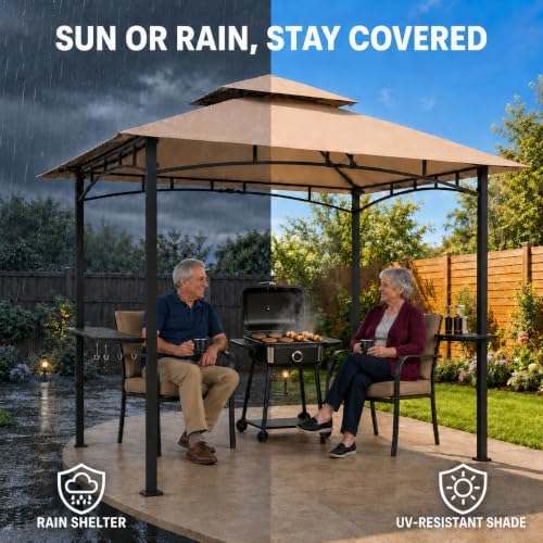 Garvee 8x5 Grill Gazebo, Outdoor BBQ Canopy Shelter with Double Tiered Roof Ventilation - Heavy Duty Patio Canopy Tent Steel Frame for Backyard Garden Lawn Grilling Party Picnic Cooking Events, Brown - Image 6