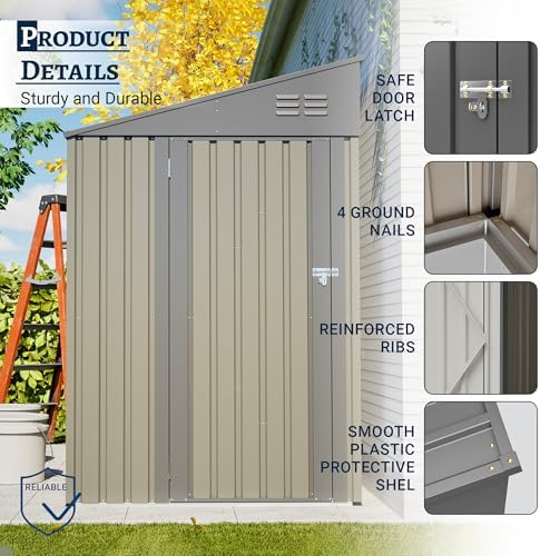 YOPTO 4x7 FT Outdoor Storage Shed Lean to Shed,Metal Shed W/Lockable Door & Air Vent,All Weather Waterproof Garden Tool House W/Reversible Installation,for Backyard,Patio,Lawn,Olive Gray - Image 7