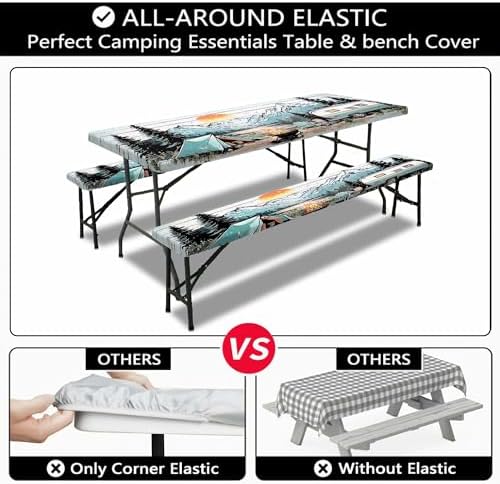 Picnic Table Cover with Bench Covers and Bag, Wooden Camper Waterproof Windproof, Fitted Tablecloth Cover with Elastic Edge, for Indoor & Outdoor, Garden, Camping, 3 Pieces Set, 30x60 Inch - Image 6