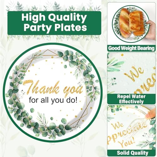 Thank You Party Plates Napkins We Appreciate You Tableware Set Green Eucalyptus Leaf Dinnerware Employee Appreciation Disposable Plate Fork for Teachers Doctors Nurses Staff Graduate Supplies Serve 24 - Image 3