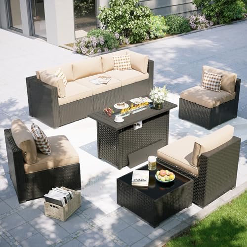 Aoxun Patio Furniture Set with Fire Pit Table, 8 Piece Outdoor Sectional Sofas, Wicker Rattan Outdoor Furniture with Thickened Cushion for Backyard, Garden Beige by Aoxun