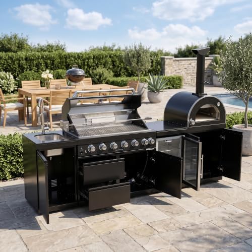 109" Black Outdoor Kitchen Island 6-Burner Propane Grill Pizza Oven Fridge - Image 2