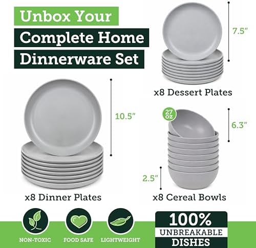 Grow Forward 24-piece Premium Wheat Straw Dinnerware Sets for 8 - Dinner Plates, Dessert Plates, Cereal Bowls - Unbreakable Microwave Safe Plastic Plates and Bowls Sets, RV, Kitchen Dishes - Feather - Image 3
