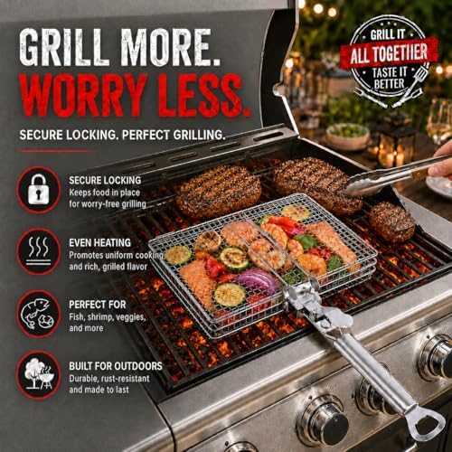 BBQ Grill Basket Set with 12 Inch Tongs & 2 Silicone Basting Brushes, Stainless Steel Folding BBQ Basket for Grilling, Portable Barbecue Grill Basket for Fish, Shrimp, Vegetables, Steak - Image 6