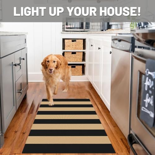 IOHOUZE 27.5x43 Striped Outdoor Door Mat, Washable Porch Rug, Black/Tan - Image 3