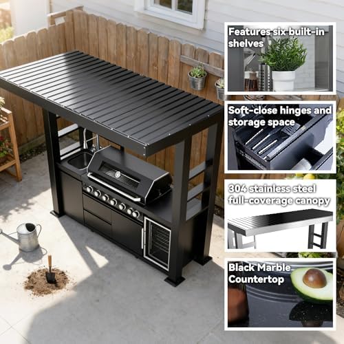 94-Inch 6-Burner 85000 BTU Natural Gas Grill Island with Shed, 304 Stainless Steel Black, Outdoor Kitchen with Wine Cooler, Rotisserie, Granite Countertops & Storage, For Backyard BBQ, Black - Image 3