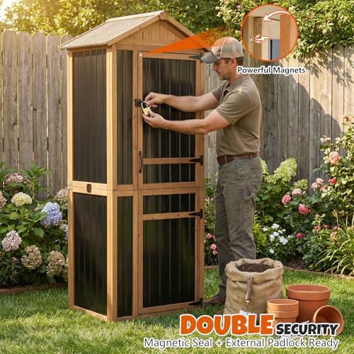 4-Tier Metal & Wood Outdoor Storage Cabinet with Reinforced Frame, Weatherproof Asphalt Roof, Adjustable Shelves, Lockable Doors for Patio, Garden, Garage Organization - Image 5
