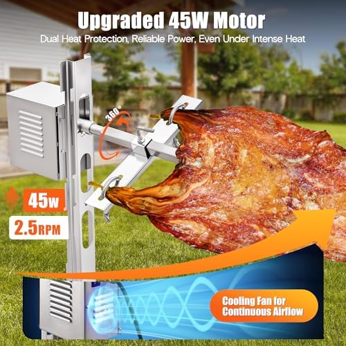 Jocisland Electric Rotisserie Grill Kit with Windscreen, 47.5" Height-Adjustable Charcoal Roaster, 132 Lbs Capacity, 45W Motor, Stainless Steel Spit with Lockable Wheels for Outdoor Camping - Image 3