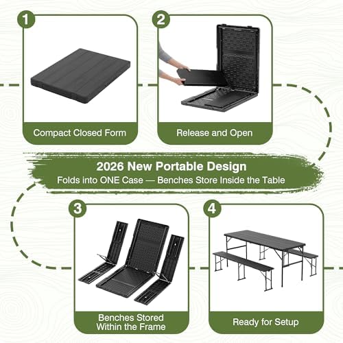 Picnic Table Set with 2 Benches,6 Feet Folding Camping Table Chair Set with Wood Grain Tabletop,3-Piece Outdoor Indoor Portable Folding Furniture for Party, Camping, Picnic, Weddings (Black) - Image 2