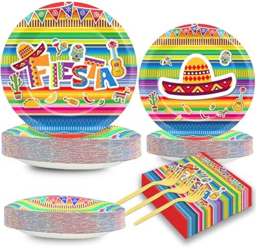 200 PCS Mexican Fiesta Party Plates Napkins Fiesta Themed Tableware Set for Mexican Party Decorations Dessert Plates Forks Serves 50 Guests for Birthday Favor Supplies by CHUNNIN