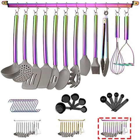 HOMQUEN 38 Piece Silicone Kitchen Cooking Utensils Set with Utensil Rack, Silicone Head and Stainless Steel Handle Cookware, Rainbow Handle with Silicone Head by HOMQUEN