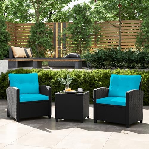 Tangkula 3 Piece Patio Furniture, Rattan Conversation Set w/Soft Seat & Back Cushions, Tempered Glass Topped Coffee Table, Cushioned Wicker Seating Set for Backyard, Porch, Poolside - Image 2