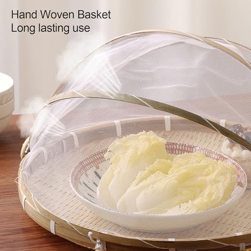 Round Basket Hand Woven Food Serving Basket with Mesh Gauze Cover for Picnics Camping and Home Kitchen Storage 2PCS Set 36x20cm 30x18cm - Image 6
