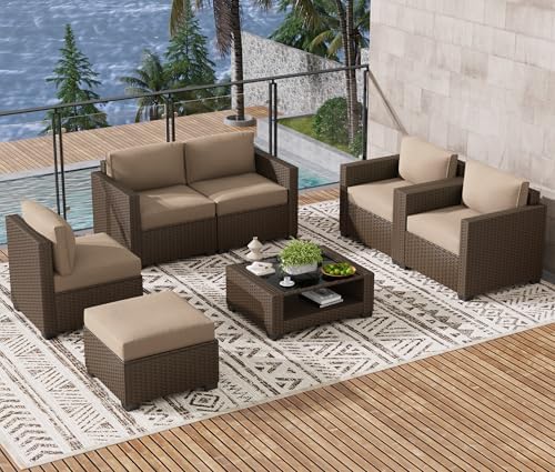 LOUVIXA 7 Piece Outdoor Patio Furniture Set, Rattan Chairs Glass Table Wicker Conversation Seating Sectional Sofa with Cushions (Brown-Camel, 7Pcs-2 Layer Coffee Table) - Image 4