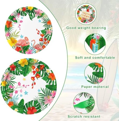 96 Pieces Hawaiian Luau Party Tableware Set – Tropical Flamingo Disposable Plates, Napkins and Forks with Hibiscus Floral Design for Summer Birthday, Pool Party, Beach Party and Aloha Party Supplies - Image 3