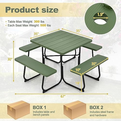 Tangkula 8 Person Square Picnic Table with 4 Built-in Benches, Green - Image 3