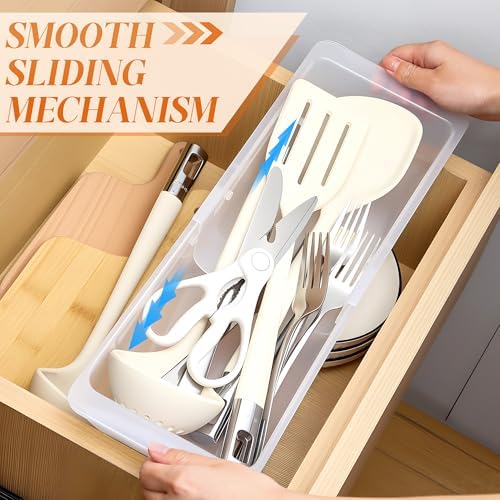 2 Pack Deep Drawer Organizer Bins, Adjustable Sliding Drawer Organizer Bin Expandable Tray for Kitchen Utensils, BBQ Tools, Towels, Durable Plastic Sliding for Easy Storage (12.4" to 18") - Image 5