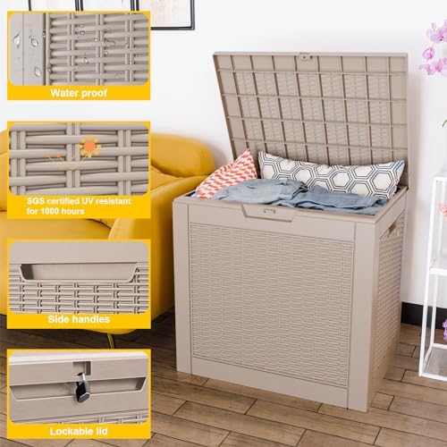 PatioZen 31 Gallon Wicker Pattern Resin Deck Box, Lockable Patio Outdoor Storage Box for Furniture, Garden Tools and Tools Storage, Waterproof Outside Storage Box (Grey) - Image 2
