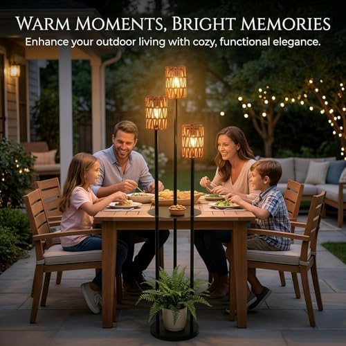 Solar Outdoor Floor Lamp Waterproof, Cordless Outdoor Lamps for Patio with Shelves Plant Stand, Rattan Solar Lamp for Outside, Wireless Outdoor Light for Yard Garden Deck Porch Decor - Image 3