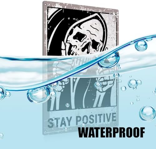 BEASTZHENG Vintage Stay Positive Skull Sign Metal Tin Sign Wall Décor Funny Retro Sign for Home Living Room Bedroom Halloween Decor Gifts - 8x12 Inch - Image 3