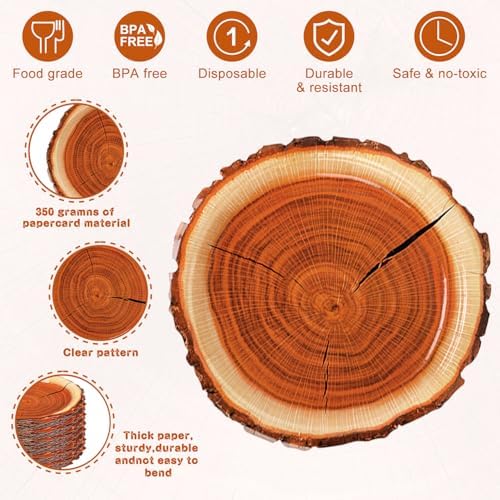 120 Pcs Rustic Wood Grain Dessert Paper Plate 7" Natural Farmhouse Wood Slice Paper Dessert Plates Camping Wood Grain Slice Service Trays for Camping Hunting Lumberjack Birthday Party Supplies - Image 3