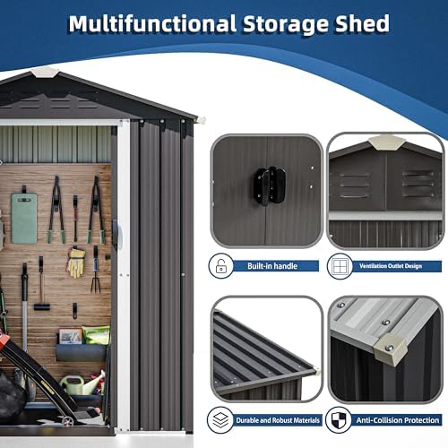 JY QAQA 5x3 FT Metal Outdoor Garden Storage Shed,Waterproof Metal Garden Sheds with Window and Lockable Double Door,Weather Resistant Steel Tool Storage House Shed forPatio,Lawn (Gray) - Image 3