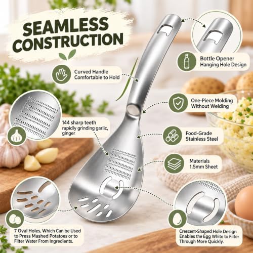 5-in-1 Stainless Steel Cooking Spoon, Multipurpose Stainless Steel Kitchen Spoon, Egg Yolk Separator, Potato Garlic Masher, Grater Plate, Bottle Opener & Slotted Spoon - Image 3
