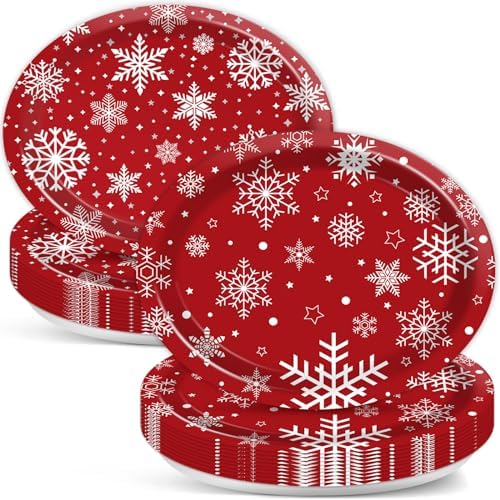 Qyeahkj 50 Pcs Winter Oval Paper Plates Disposable Large 11" Winter Snowflake Plates Red and White Party Platters Decoration Supplies for Xmas Holiday Party Dinner Serving Dish Tableware Decor by Qyeahkj