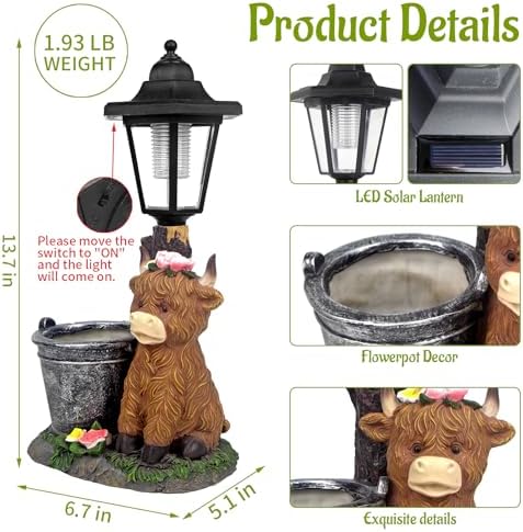 Solar Highland Cow Outdoor Garden Statues with Flowerpot & Lantern Decor - Image 2