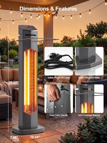 MEPTY Outdoor Heaters for Patio, 1500W Electric Infrared Heater with Remote, IP65 Waterproof, 12H Timer, Tip-Over&Overheat Protection, Quiet Operation, Tower Space Heater for Garage, Indoor,Room, Grey - Image 2
