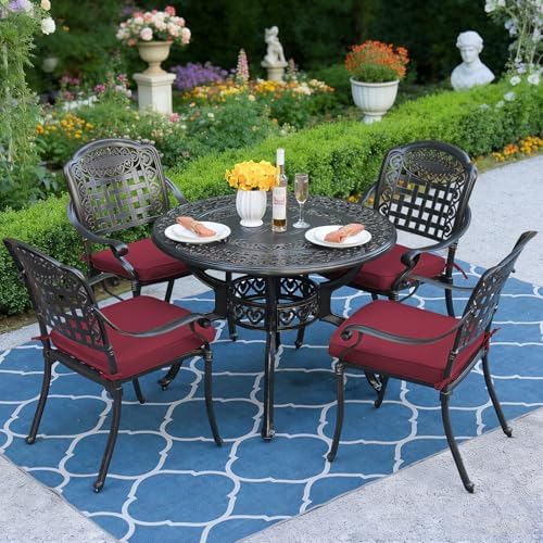 MEETWARM 5 Piece Patio Dining Set, Outdoor All-Weather Cast Aluminum Dining Table Set, Patio Furniture Set for Backyard Garden Deck, Include 1 Round Table, 4 Chairs, 4 Cushions, Chili Red by MEETWARM