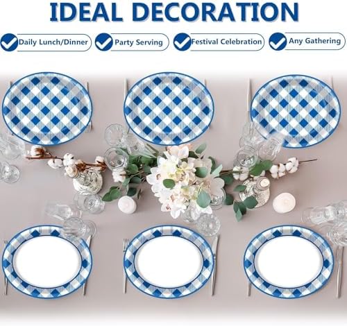 Qyeahkj 50 PCS Blue and White Checkered Oval Paper Plates Large 11” Disposable Picnic Dinner Party Decorations BBQ Supplies Favor for Holiday Baby Shower Birthday Party Tableware Set - Image 5
