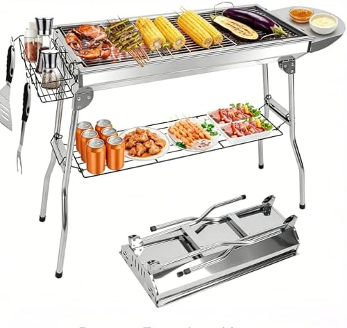 Charcoal Grills,Stainless Steel Folding Portable BBQ Grill Large Charcoal Grill for Garden Backyard Party Picnic Travel Outdoor Cooking Use With Non-Stick Frying Pan by Moclever