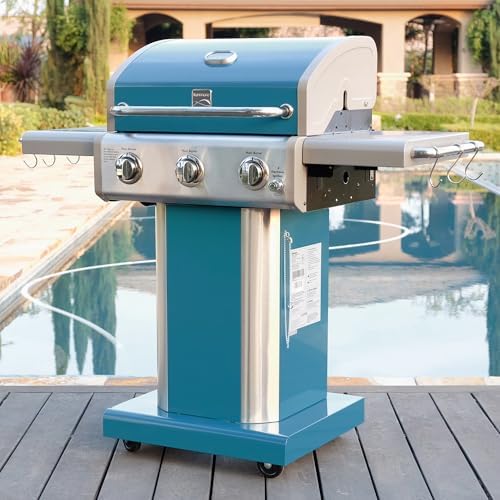 Kenmore 3-Burner Propane BBQ Grill, 30,000 BTUs Gas Grill with Cast Iron Cooking Grates, Folding Side Tables & Wheels, Outdoor Grill with Tool Hooks, Teal - Image 2