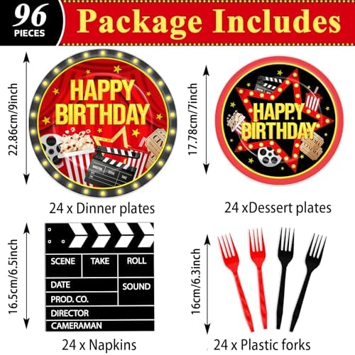 96PCS Movie Theme Birthday Party Paper Plates and Napkins Happy Birthday Disposable Tableware Set for 24 Guests Movie Night Birthday Gatherings Decorations - Image 2