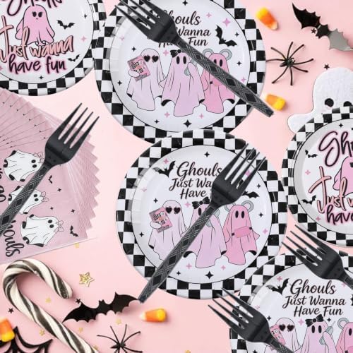 125 Pcs Halloween Girls Night Decorations Tableware Ghouls Night Supplies | Ghouls Just Wanna Have Fun Birthday Party Decor, Pink Ghost Girly Bachelorette Disposable Plates & Napkins for 25 Guests - Image 3