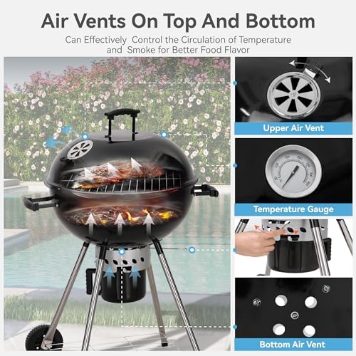 22 inch Kettle Charcoal BBQ Grill with Wheels for Outdoor Cooking - Image 5