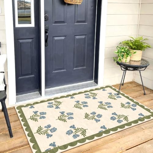 Floral Outdoor Rug - 28" x 43" Front Door Mat Indoor Outside Entrance Non-Slip Washable Outdoor Mat Sage Blue Spring Scalloped Rug for Entryway Kitchen Bedroom Layered Doormat for Front Porch - Image 6