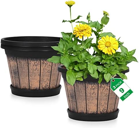 Quarut Plant Pots Set of 3 Pack 9 inch,Whiskey Barrel Planters with Drainage Holes & Saucer.Plastic Decor Flower Pots Imitation Wine Barrel Design,for Indoor & Outdoor Garden Home Plants (Brown) by Quarut