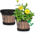 Quarut Plant Pots Set of 3 Pack 9 inch,Whiskey Barrel Planters with Drainage Holes & Saucer.Plastic Decor Flower Pots Imitation Wine Barrel Design,for Indoor & Outdoor Garden Home Plants (Brown) by Quarut