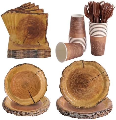 144 Pcs Disposable Rustic Wood Grain Slice Tableware Set for 24 Guests by COSINIA