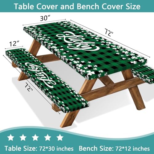 St. Patrick's Day Picnic Table Cover with Bench Covers, Camping Essentials, Buffalo Plaid Shamrock Lucky Outdoor Table Covers, Waterproof, Fitted Tablecloth Cover with Elastic Edge, 3 PCS, 30x72 Inch - Image 2