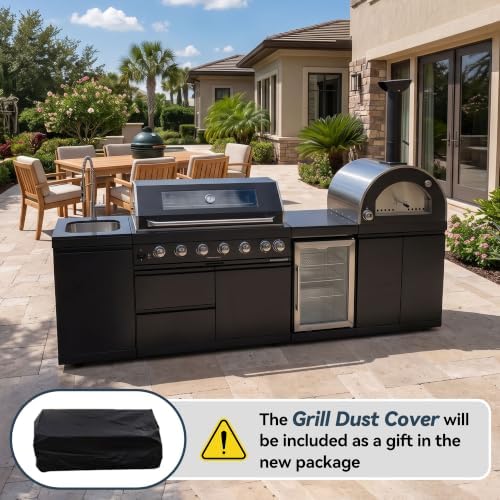 109'' LPG Outdoor Kitchen Island with Grill, Pizza Oven, 6 Burners, Black - Image 7