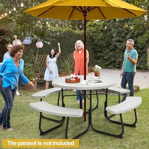 Tangkula 8 Person Round Picnic Table with 4 Built-in Benches, White - Image 2