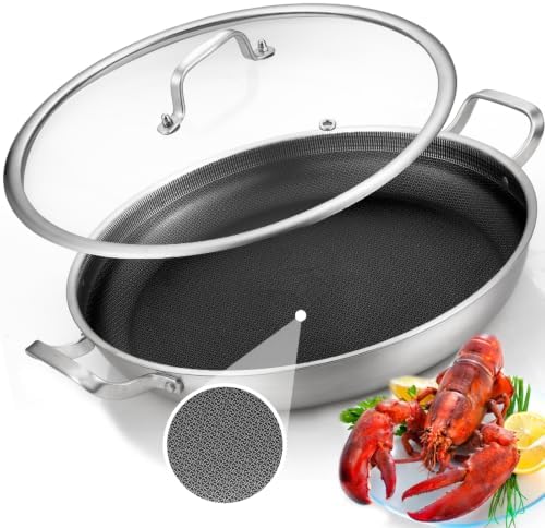 Yeksum Tri-Ply 14.5 Inch Stainless Steel Paella Pan,12 Servings Paella Pan with Lid,18/10 Nonstick Large Skillet,Jumbo Cooker,Induction Pan,Skillets,for Outdoors,Camping,Parties by YEKSUM
