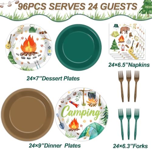 96 Pcs Camping Birthday Party Decorations Camping Plates and Napkins Camper Paper Plates Camp Adventure Disposable Tableware for Boys Girls Campfire Birthday Party Decoration Serve 24 Supplies Camper - Image 2